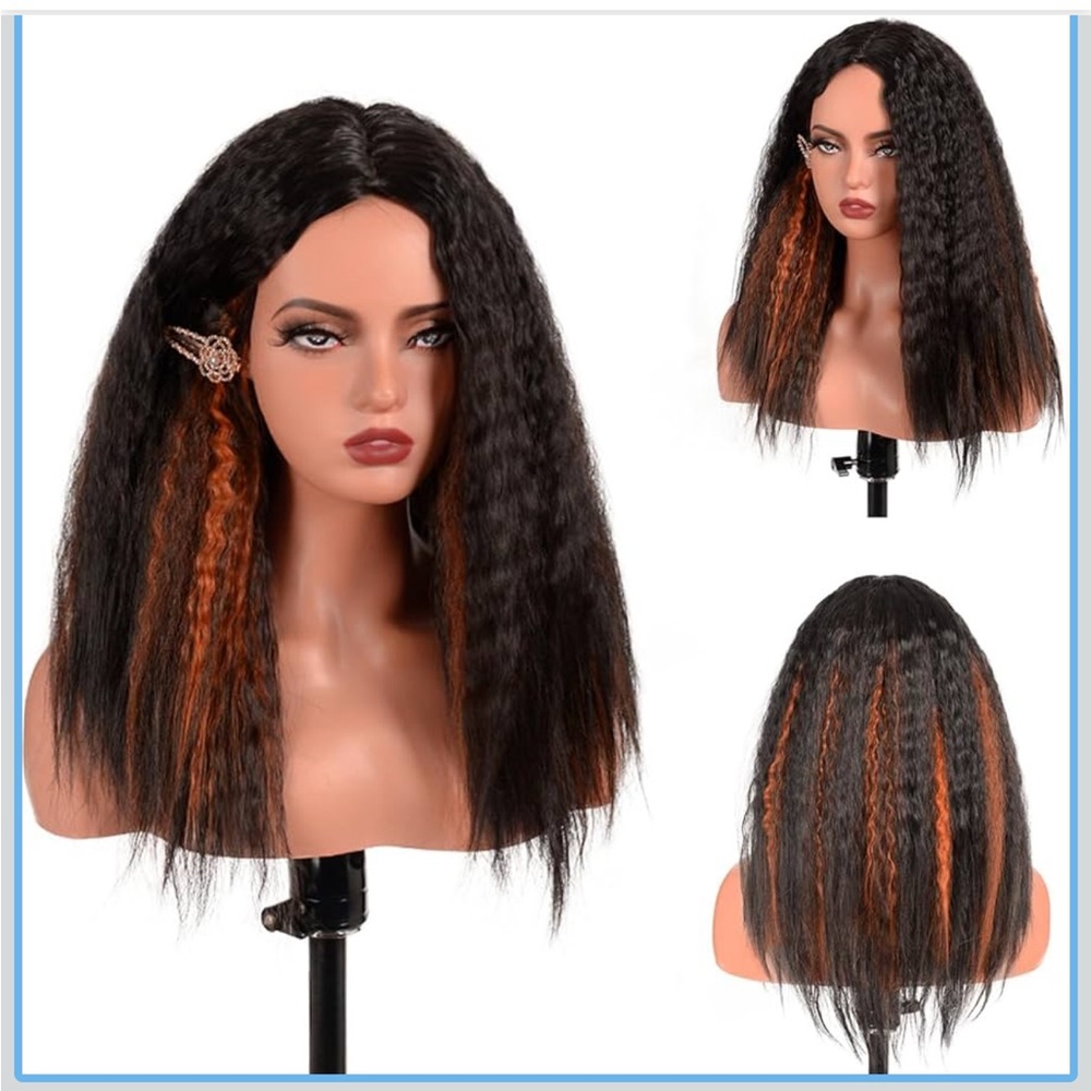 Kinky Straight Corn Silk Curly Wig 18 Inch Yaki Crimped Waves Synthetic Yaki Wig